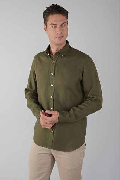 Bisse Regular Fit Paşa Yaka Cepsiz Düğmeli Haki Erkek Gömlek