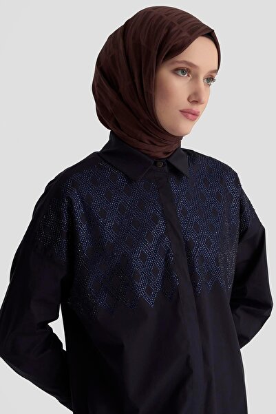 Armine TREND Stone Embroidered Hidden Button Tunic Navy Blue 25Kt419