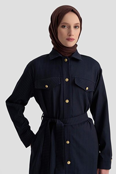 Armine TREND Gold DÜğme Detaylı Belden Kuşaklı Çizgili Ceket 25KT511