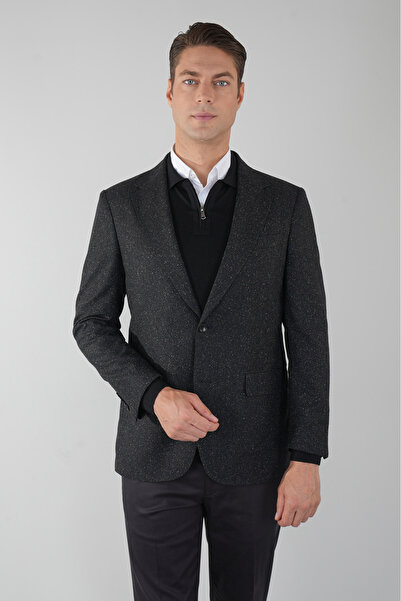 Bisse Comfort Fit Siyah Mono Yaka Çift Yırtmaçlı 6 Drop Erkek İpek Yün Ceket
