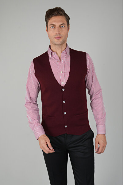 Bisse Bordo Düz Triko Yün Erkek Yelek