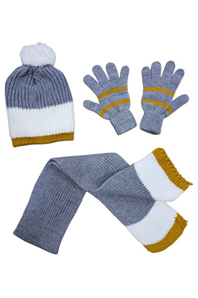 Butik Gri Erkek Çocuk Bere, Atkı ve Eldiven 3’lü Kışlık Set (4-8 Yaş)