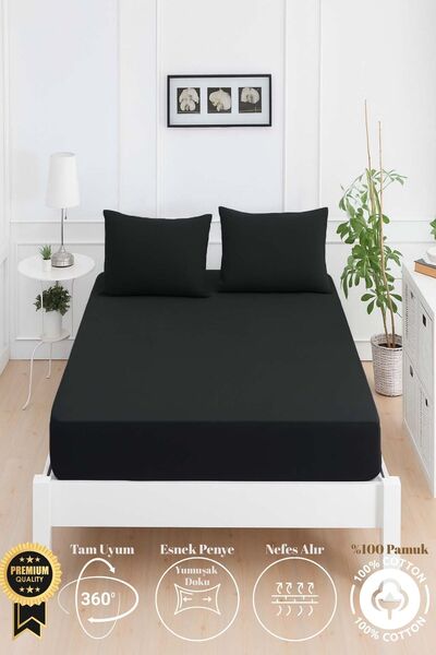Mislina Home Mirava Premium 100% Cotton Combed Elastic Single Bed Sheet Set (Includes 1 Pillowcase) Black