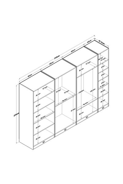 Rani Mobilya Rani BA153 Geniş Gardırop Elbise Dolabı 7 Kapaklı 12 Raflı 3 Askılı Modüler Dolap Beyaz