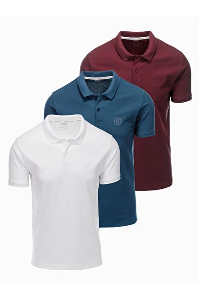OMBRE Σετ ανδρικού βαμβακερού πόλο μπλουζάκι BASIC - λευκό/σκούρο μπλε/καφέ V4 OM-POBS-0133 S