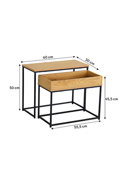 zola Set of 2 modern coffee tables, metal frame, chipboard, 60x30x50 / 55x29.5x45.5 cm, 10 kg, natural oak