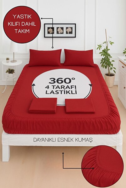 Mislina Home Mirava Premium 100% Cotton Combed Elastic Double Bed Sheet Set (Includes 2 Pillowcases) Burgundy