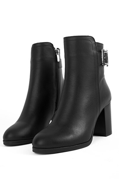 Lal Shoes & Bags Dina Kadın Hakiki Deri Kemer Toka Detaylı Topuklu Bot b4148-siyah