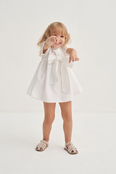 EBU Prive Дівчача сукня з попліну з стрічкою, біла