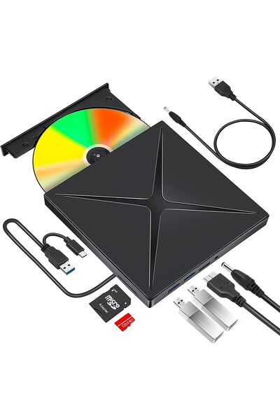 Axeloni Axeloni® External DVD/CD RW Drive, USB-C & USB 3.0, SD Card Reader, DVD Burner, Win10 Compatible