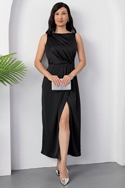 PULLIMM Kare Yaka Beli Büzgülü Yırtmaçlı Elbise YZC25Y223