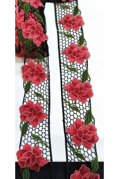 ALTAY AKSESUAR BLACK MESH COLORFUL FLOWER EMBROIDERED EDGE STRIP