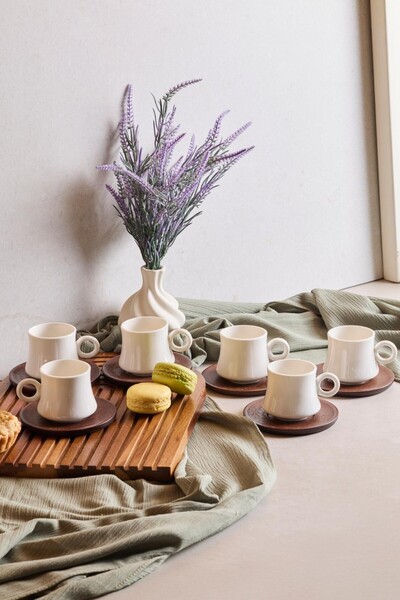 Evsun Home Collection 6 Person 12 Piece Coffee Cup Set with Acacia Plate 90ml