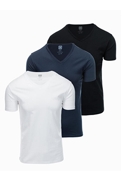 OMBRE BASIC men's V-neck cotton t-shirt set - white/navy blue/black V1 OM-TSBS-0233 XL
