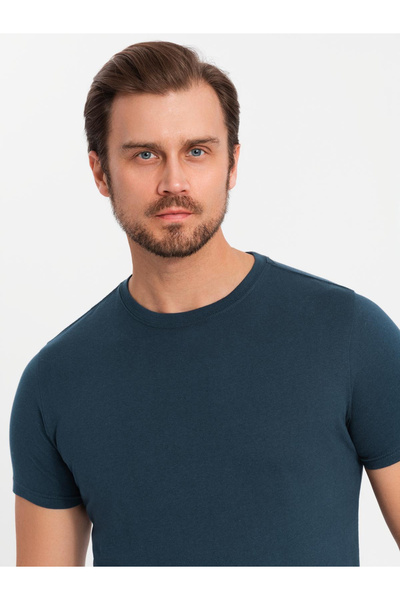 OMBRE Σετ ανδρικού βαμβακερού t-shirt BASIC με στρογγυλή λαιμόκοψη - μπλε σκούρο|μαύρο|χακί V3 OM-TSBS-0232 L