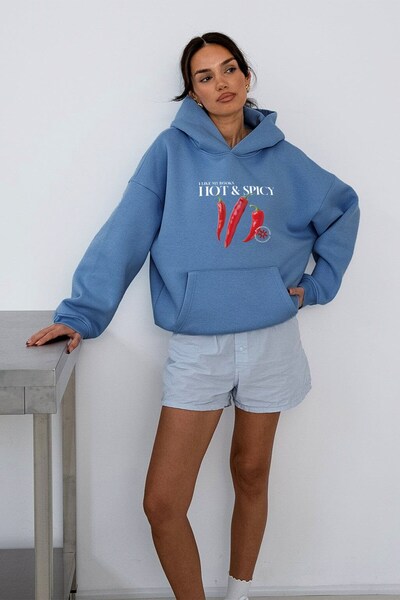 The Champ Clothing Γυναικείο φούτερ με κουκούλα Oversize Hot & Spicy Printed Marine – Φλις με κουκούλα, 3 κλωστές με ανάλαφρο χρώμα