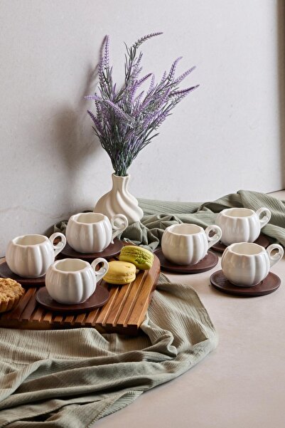 Evsun Home Collection 6 Person 12 Piece Coffee Cup Set with Acacia Plate 90ml