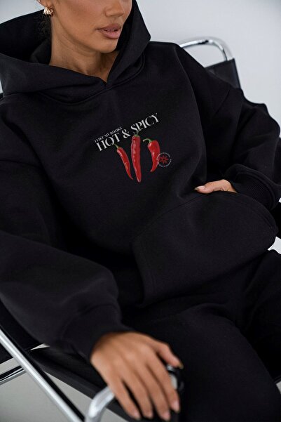 The Champ Clothing Γυναικείο φούτερ με κουκούλα Oversize Hot & Spicy με στάμπα μαύρο – με κουκούλα, 3 κλωστές από φλις με ανάλαφρο χρώμα