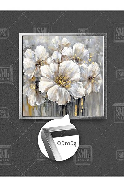 SML TABLO Buchet de flori albe cu detalii aurii, decorare modernă, pictură pătrată pe pânză înrămată