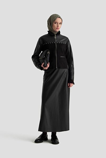 Armine TREND Shirt Collar Stone Detailed Pocketed Skirt Suit Black 25Kt641