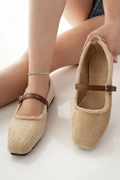 Modafırsat Women's Ballerinas Beige Banded Belted Lightweight Comfortable Stylish Business Office Daily Shoes