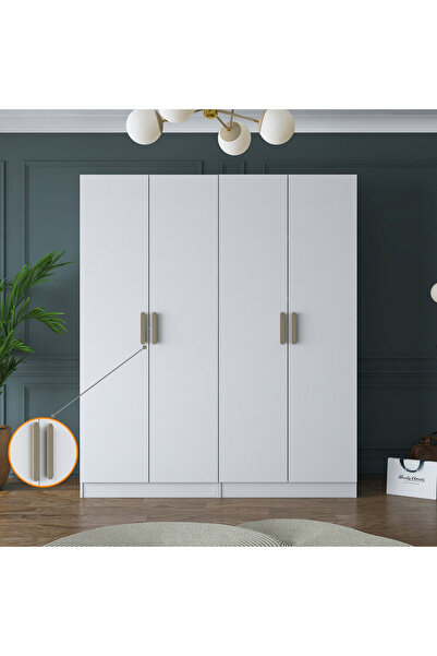 Rani Mobilya Rani BA156 Geniş Gardırop Elbise Dolabı 4 Kapaklı 5 Raflı 2 Askılı Modüler Dolap Beyaz