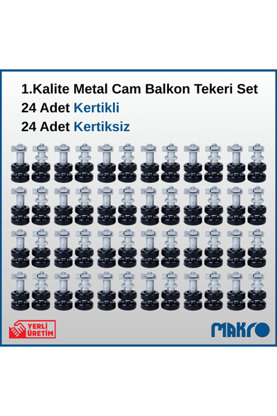 GLASSMAKRO 1. Kalite 24 Adet Kertikli + 24 Adet Kertiksiz Metal Cam Balkon Tekeri Set