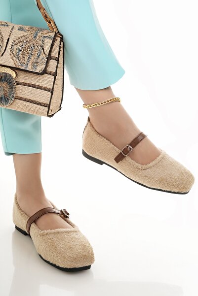 Modafırsat Women's Ballerinas Beige Banded Belted Lightweight Comfortable Stylish Business Office Daily Shoes