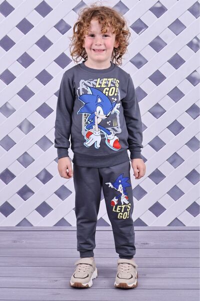 Yağmur Giyim Pjk2İ Sonic Patterned 2-Strand 100% Cotton Boys' Tracksuit Set 3-10 Years Old