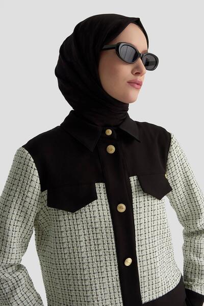 Armine TREND Gold Button Detailed Tweed Double Suit with Ornamental Pocket Skirt Black 25Kt605