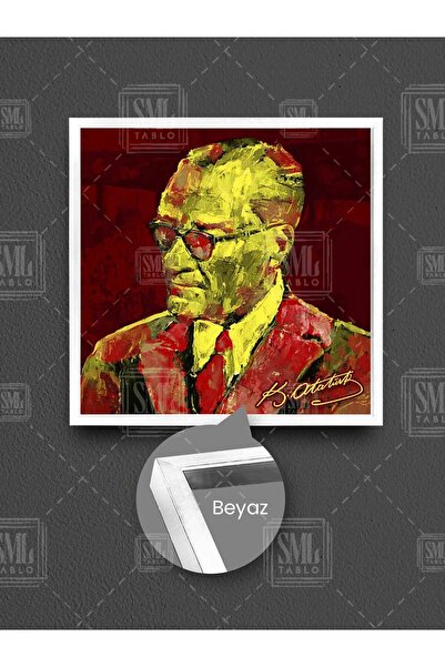 SML TABLO Tablou pătrat pe pânză, înrămat, cu ilustrație semnată de Mustafa Kemal Atatürk, galben roșu