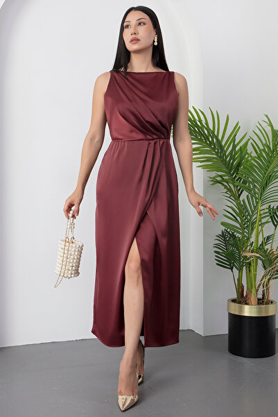 PULLIMM Kare Yaka Beli Büzgülü Yırtmaçlı Elbise YZC25Y223