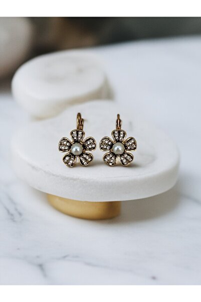 FAYRA ACCESSORIES Kristal Taşlı Çiçek Figürlü İnci Küpe