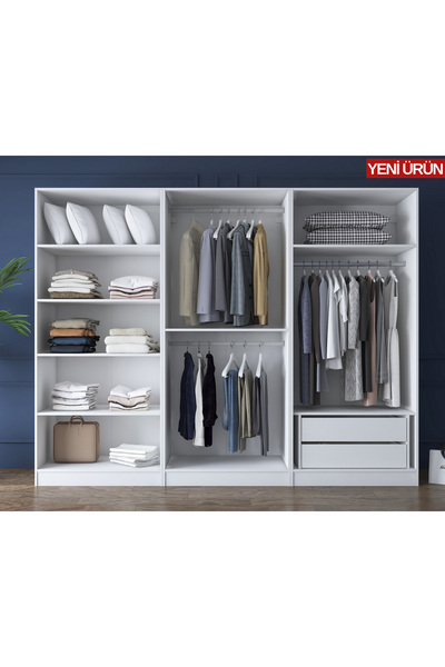 Rani Mobilya Rani BA158 Geniş Gardırop Elbise Dolabı 6 Kapaklı 2 Çekmeceli 7 Raflı 3 Askılı Modüler Dolap Beyaz