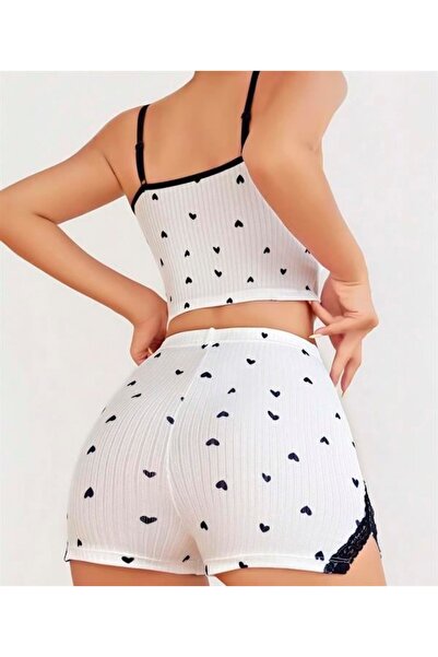 Morliva Cotton White with Black Heart Pattern Ribbed Strap Shorts Pajama Set