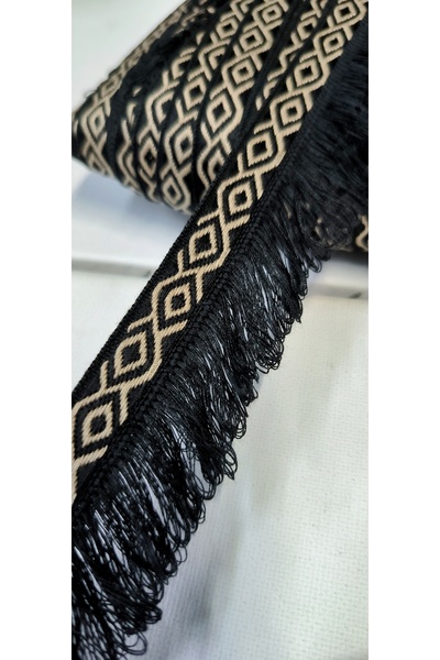 ALTAY AKSESUAR KAHVE KREM ETNİK ŞERİTLİ SİYAH PÜSKÜL SAÇAK