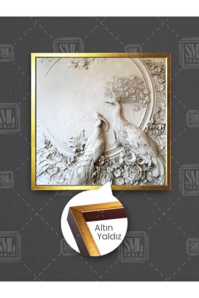 SML TABLO İki Tavus Kuşu Duvar Heykeli Mermer Duvar Süsleme Dekor Çerçeveli K...