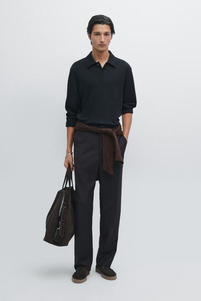 Massimo Dutti Dokulu uzun kollu polo yaka t-shirt