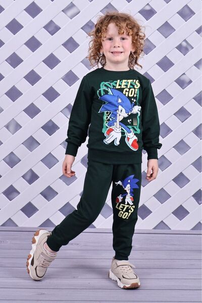 Yağmur Giyim Pjk2İ Sonic Patterned 2-Piece 100% Cotton Boys' Tracksuit Set 3-10 Years Old 8127