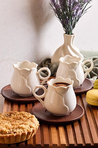 Evsun Home Collection 6 Person 12 Piece Coffee Cup Set with Acacia Plate 90ml