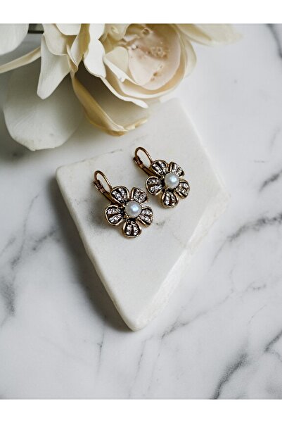 FAYRA ACCESSORIES Kristal Taşlı Çiçek Figürlü İnci Küpe