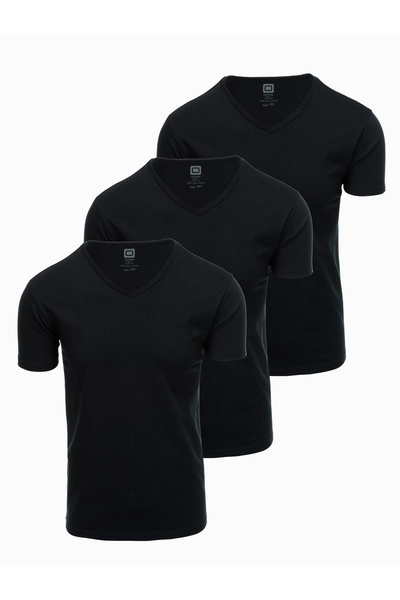 OMBRE Set tricouri BASIC pentru bărbați din bumbac cu decolteu în V - 3x negru V9 OM-TSBS-0233 M