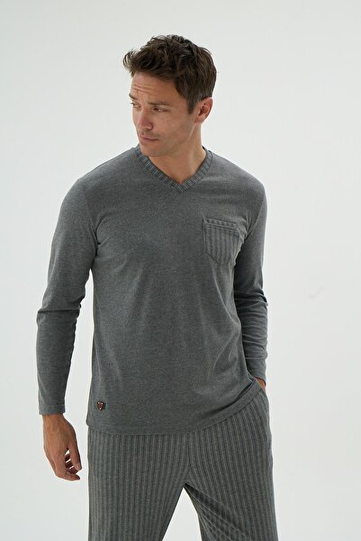 Sevim Men's Long Sleeve V-Neck Pocket Detailed Striped Bottom Anthracite Pajama Set C0T2N69