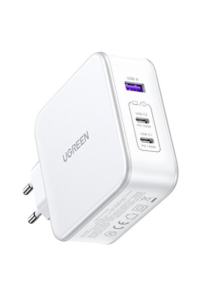 Ugreen Nexode 140W GaN 3 Portlu Hızlı Şarj Cihazı 1xUSB-A, 2xUSB-C QC 4.0 PD 3.1, Beyaz, 15339