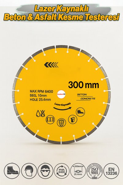 Badem10 300 mm Lazer Kaynaklı Beton Kesme Testeresi Diski Beton Asfalt Tuğla Parke Fayans Elmas Kesim Disk