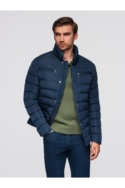 OMBRE Pánská prošívaná bunda se stojáčkem a zipy na hrudi - tmavě modrá V2 OM-JALP-0260 S