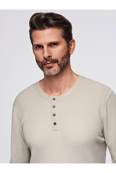 OMBRE Men's ribbed sweater with buttons at the neckline - beige V3 OM-SWSW-0182 XL