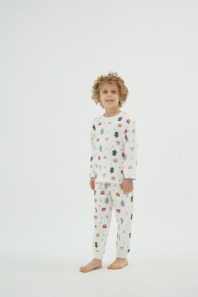 Sevim Unisex Children's Long Sleeve Ecru Patterned Pajama Set C9T1N98