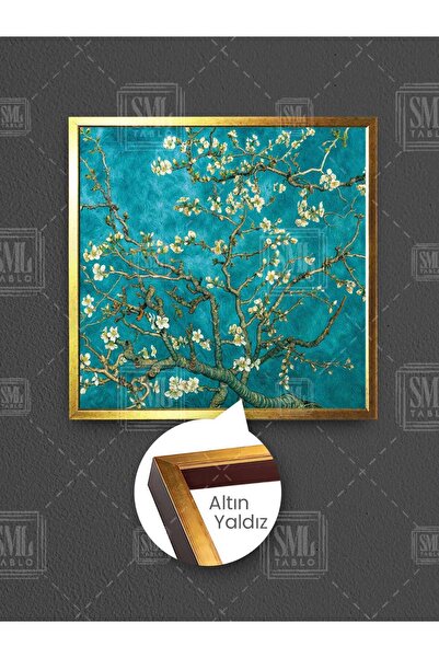 SML TABLO Çiçek Açmış Badem Ağacı Van Gogh Çerçeveli Kare Kanvas Tablo