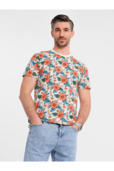 OMBRE Ανδρικό βαμβακερό μπλουζάκι με φλοράλ σχέδιο σε όλο το μήκος - λευκό V1 OM-TSFP-0249 XL